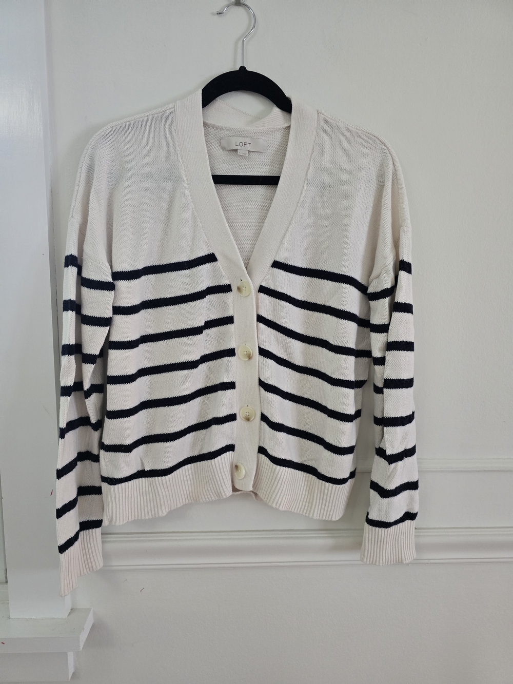 LOFT Cream and Navy Striped 100% Cotton Button-Front Cardigan